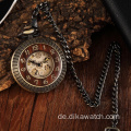 Vintage Holz Kreis geschnitzte Nummer Zifferblatt mechanische Taschenuhr Männer einzigartige hohle Steampunk Bronze mechanische Uhr Uhrenkette